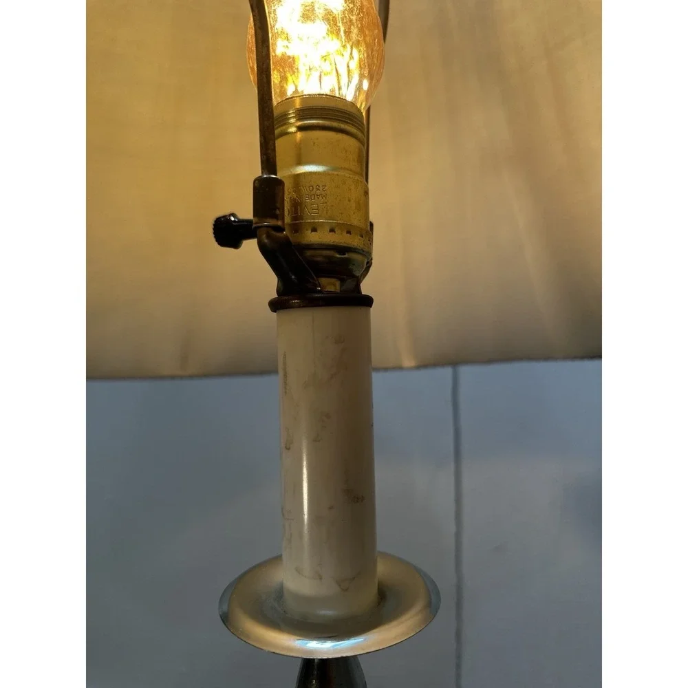 Vintage‎ Amber Glass Table Lamp Marble Base Chrome Metal Pleated Shade 29